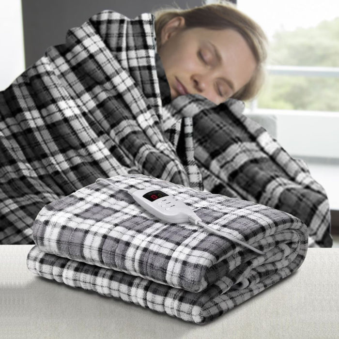 Heated Electric Fleece Throw Blanket Rug - Grey and White Chequered