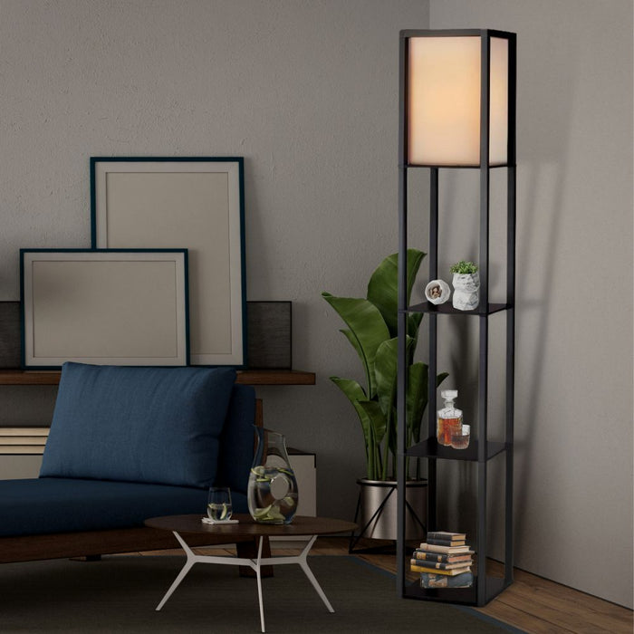 LED Storage Shelf Standing Wood Floor Lamp - Black