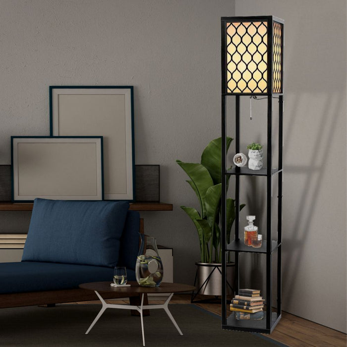 LED Storage Shelf Standing Wood Floor Lamp - Black