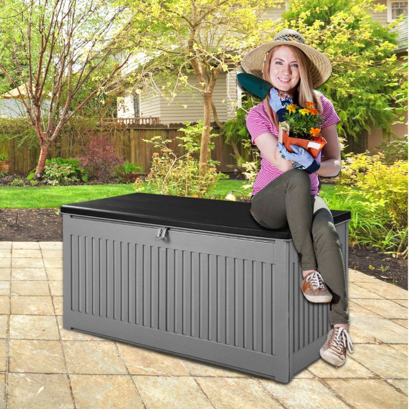 Outdoor 270L Lockable Weatherproof Garden Tools Storage Box Bench Dark Grey