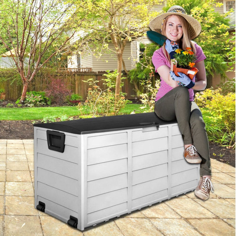 Outdoor 290L Lockable Weatherproof Garden Tools Storage Box Black and Grey