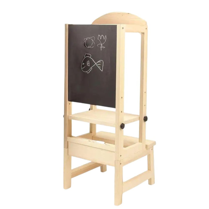 Wooden Kids Step Up Kitchen Helper with Black Drawing Board