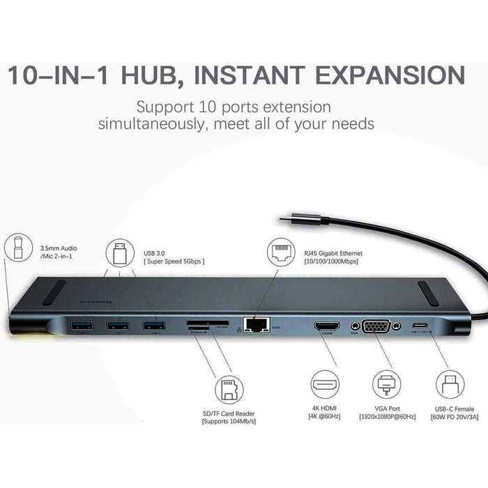 10-in-1 Type-C USB Hub Docking Station USB 3.0 to HDMI/Network Port/VGA/PD Expansion_12