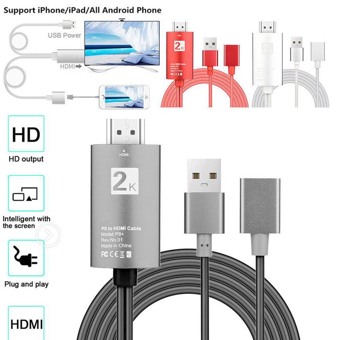 2m USB to HDMI 2K HD Cable Cord for 8-Pin Apple Devices_6