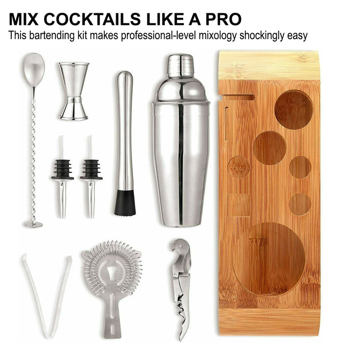 9-pc Bartending Tool Stainless Steel Cocktail Shaker with Bamboo Base_12