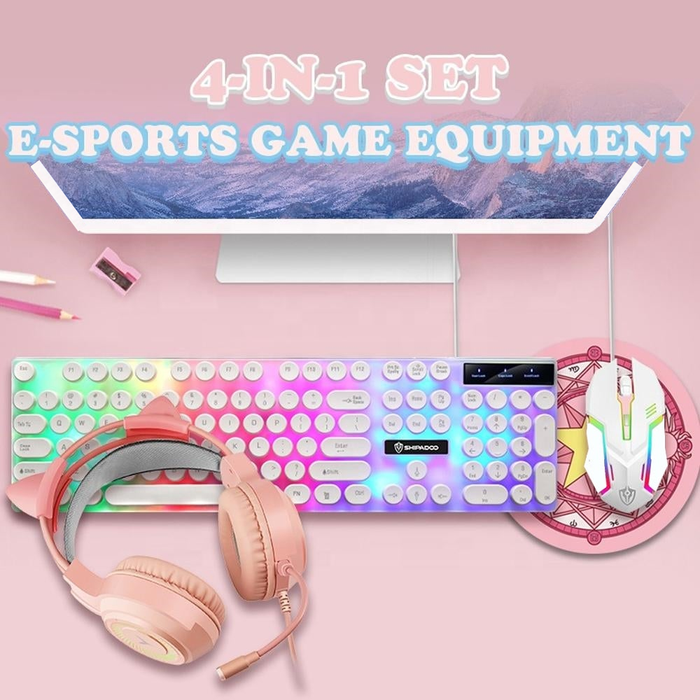 4-in-1 RGB Round Keycap Computer Gaming Pink White Keyboard Set
