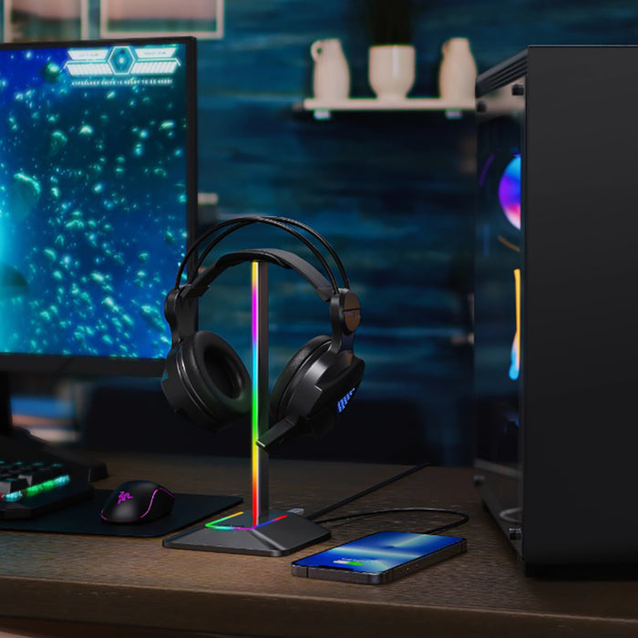 RGB Headphones Stand with 7 Light Modes and 1 USB-C Charging port and 1 USB charging port - USB Plugged In_11
