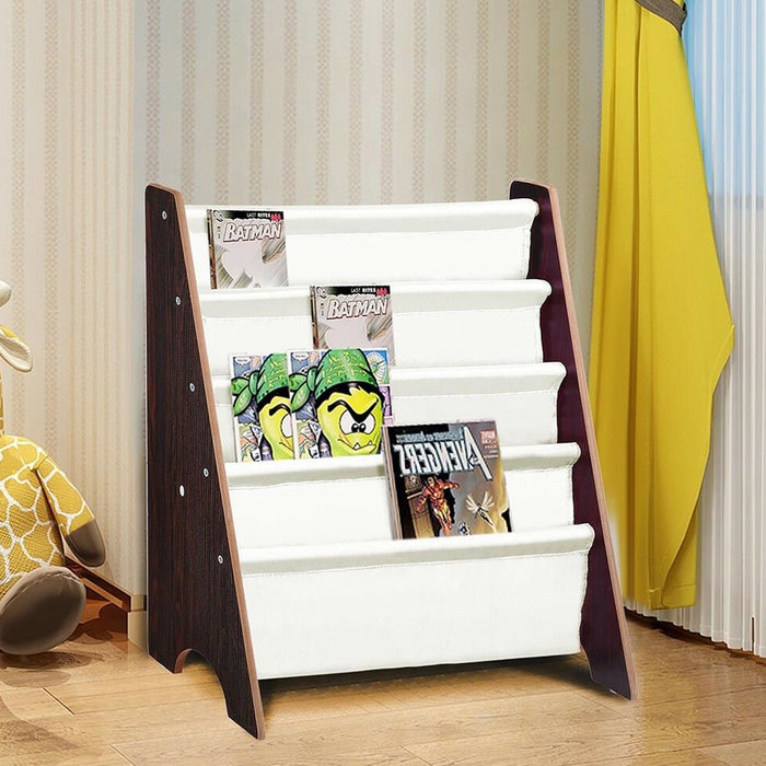 5 Tier Sling Wooden Canvas Kid’s Bookshelf Storage Space_6