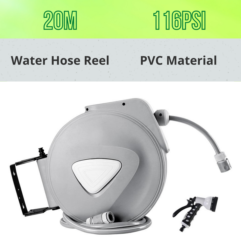 20M Retractable Garden Hose Reel Wall Bracket with Auto Rewind and Spray Gun