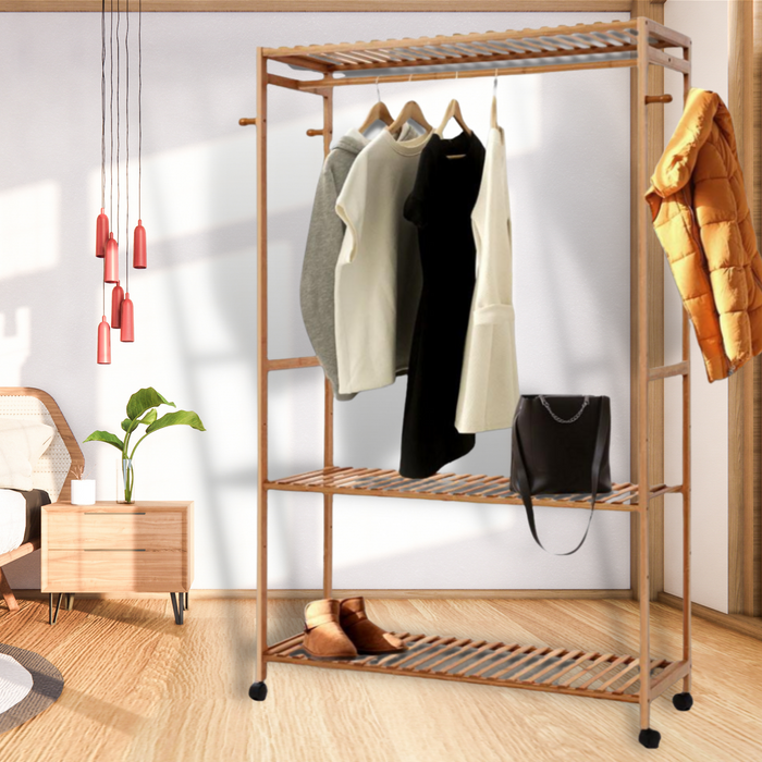 Portable Bamboo Clothes Coat Hanger Dryer Rack for Laundry or Bedroom Natural Colour
