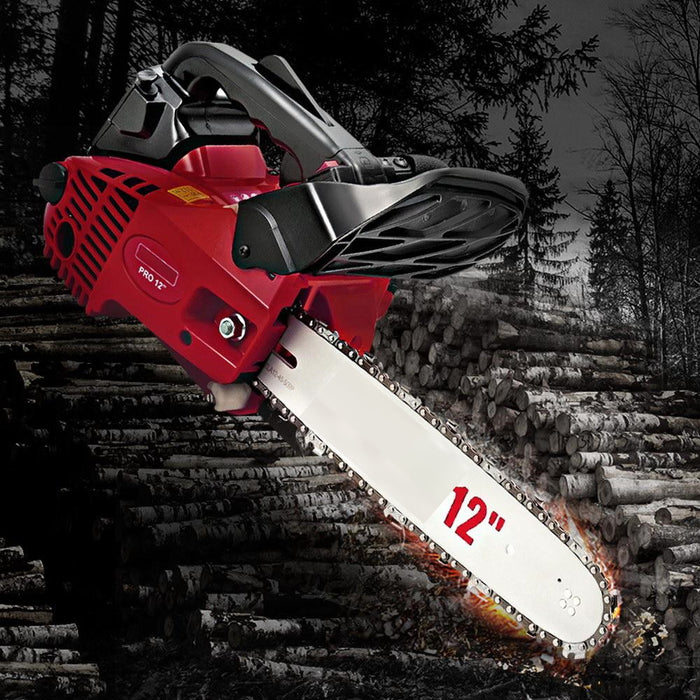 Petrol Powered 12" 25CC Commercial Chainsaw - Red & Black