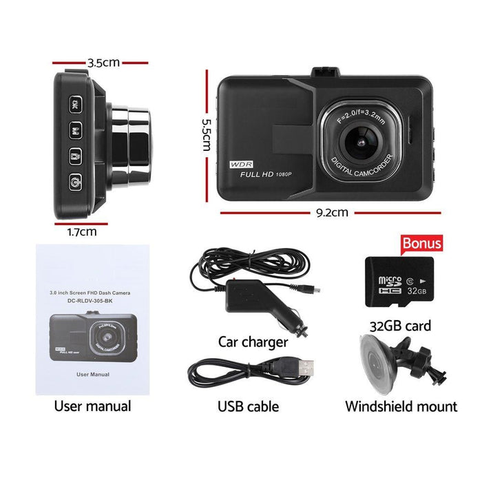 3 Inch Screen Dash Cam 1080P - Black