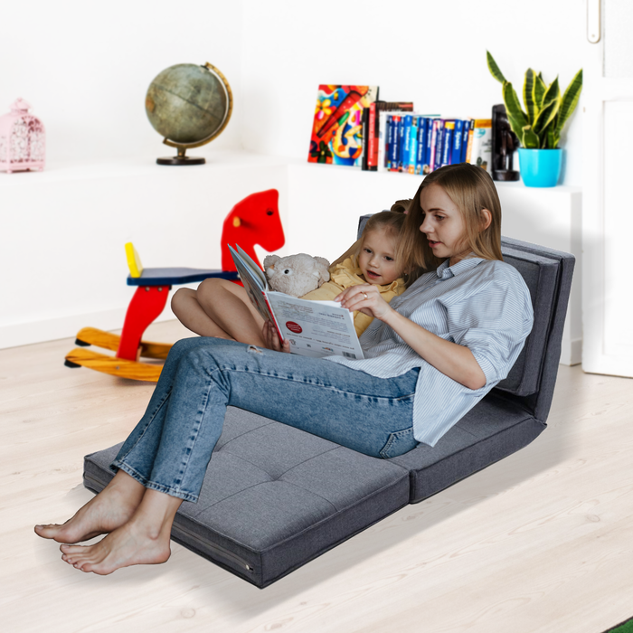 Linen Foldable Reclining Futon Style Floor Sofa Lounge - Grey