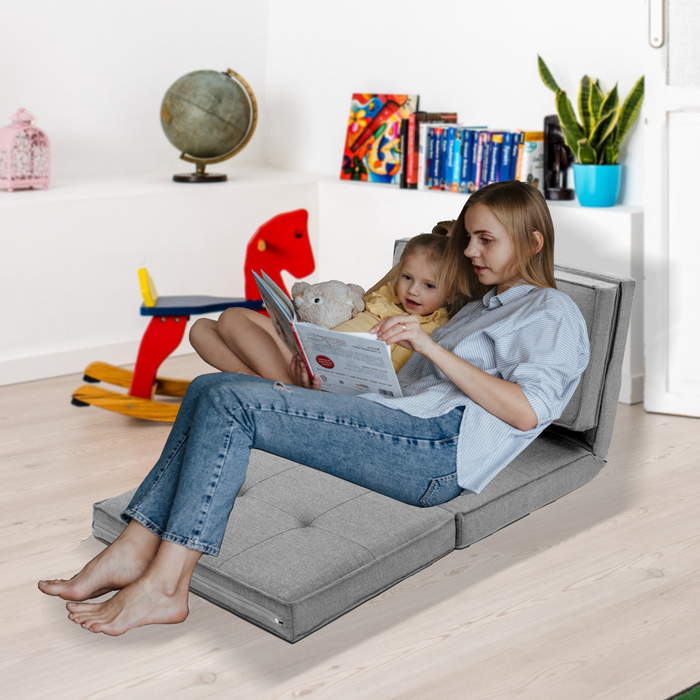 Linen Foldable Reclining Futon Style Floor Sofa Lounge - Light Grey