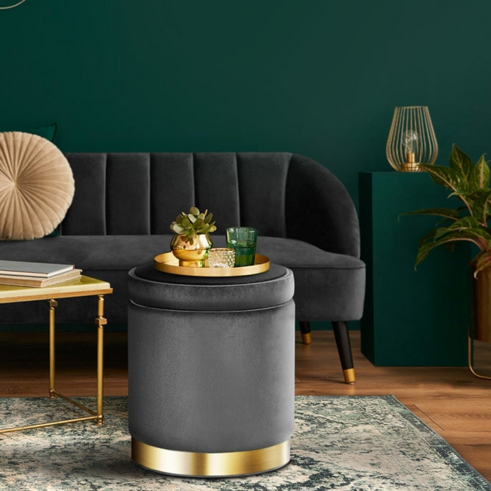 Round Velvet Ottoman Foot Stool with Storage - Charcoal Grey