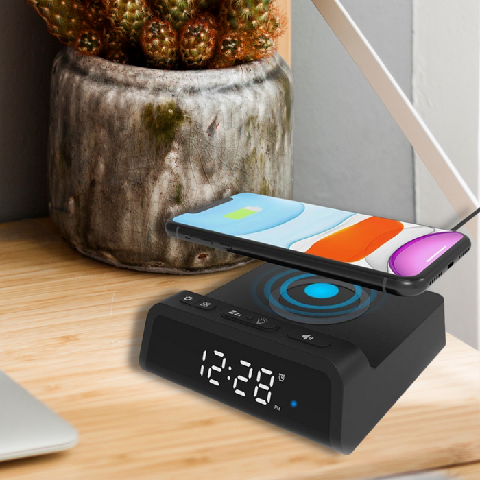 Digital Alarm Clock with Wireless Charging Pad for QI Devices