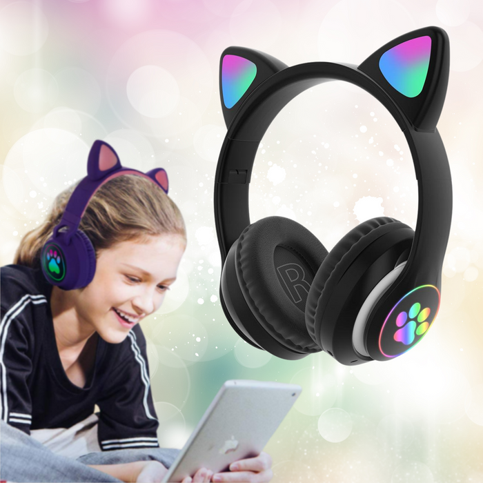 Cute Foldable Flashing Light BT Wireless Cat Ear Headset with Mic
