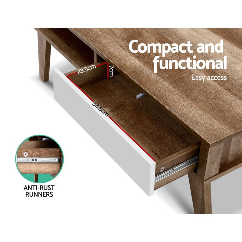 Bostin Life Artiss Coffee Table 2 Storage Drawers Open Shelf Scandinavian Wooden White Dropshipzone
