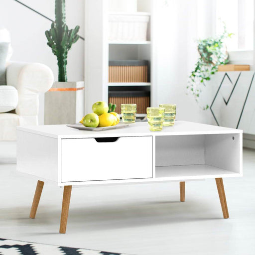 Bostin Life Coffee Table Storage Drawer Open Shelf Wooden Legs Scandinavian White Dropshipzone