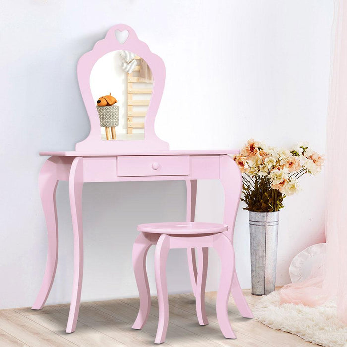 Bostin Life Kids Vanity Dressing Table Stool Set Mirror Drawer Children Makeup Pink Furniture >