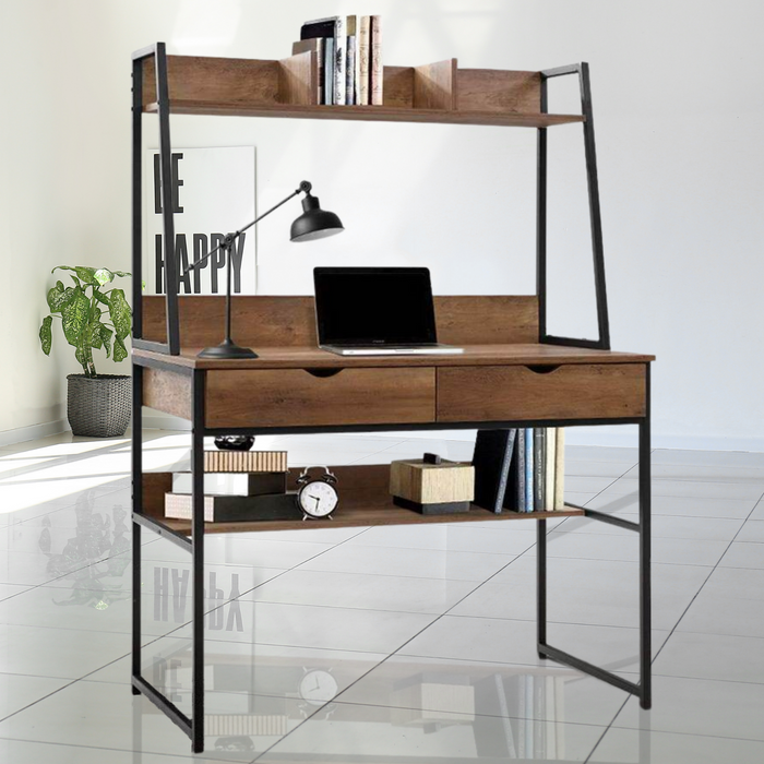 Industrial Style Computer Study Desk with Bookshelf and Storage Drawers