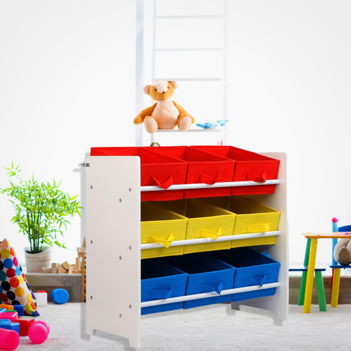 Kids Wooden 3-Tier 9 Bin Toy Storage Organiser Rack