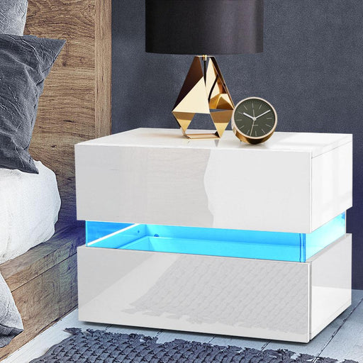 Bostin Life Artiss Bedside Table 2 Drawers Rgb Led Side Nightstand High Gloss Cabinet White