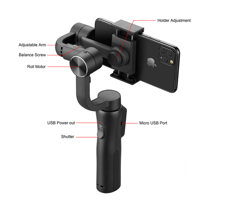 EKEN S5B Three-axis Handheld Gimbal Stabilizer Video Shooting Anti-shake Bracket for Mobile Phones Below 6.0 inches
