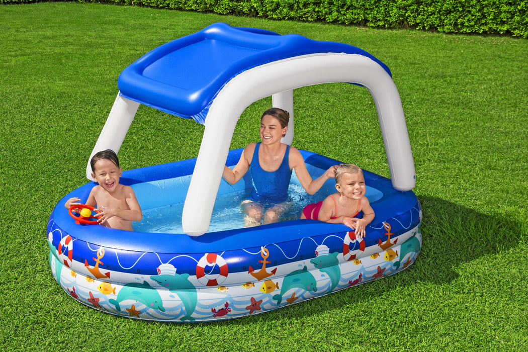 Above Ground Inflatable Kids Sea Captain Play Pool with Canopy Sunshade