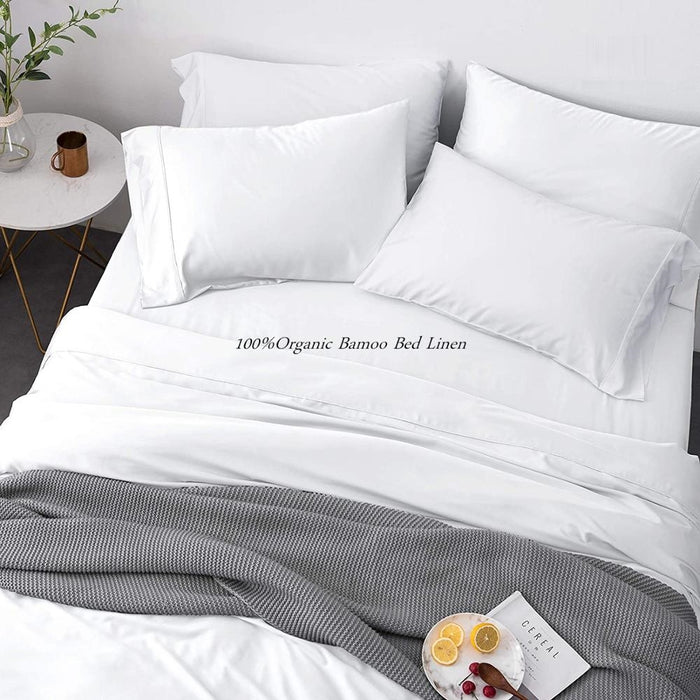 100% Organic Bamboo Fitted Bed Sheet Set Queen Size White