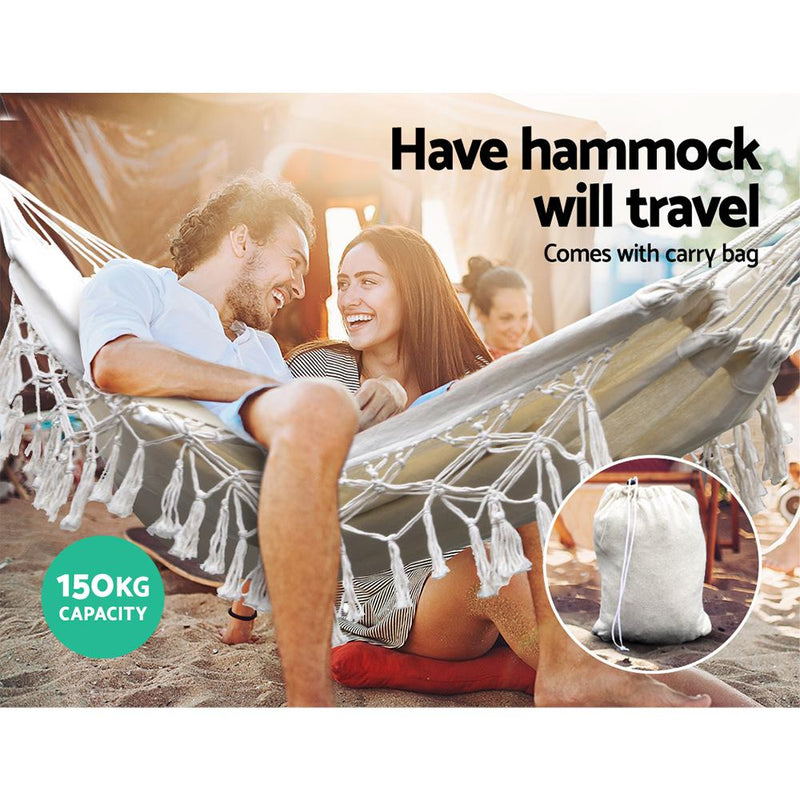 Gardeon Hanging Tassel Hammock Swing Bed Cream Furniture > Outdoor