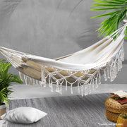 Gardeon Hanging Tassel Hammock Swing Bed Cream Furniture > Outdoor