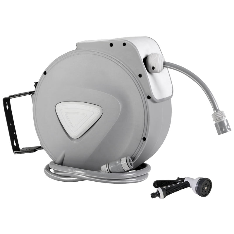 20M Retractable Garden Hose Reel Wall Bracket with Auto Rewind and Spray Gun