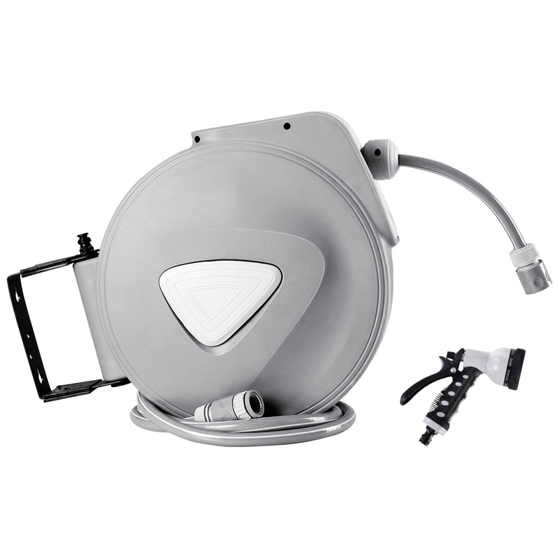 20M Retractable Garden Hose Reel Wall Bracket with Auto Rewind and Spray Gun