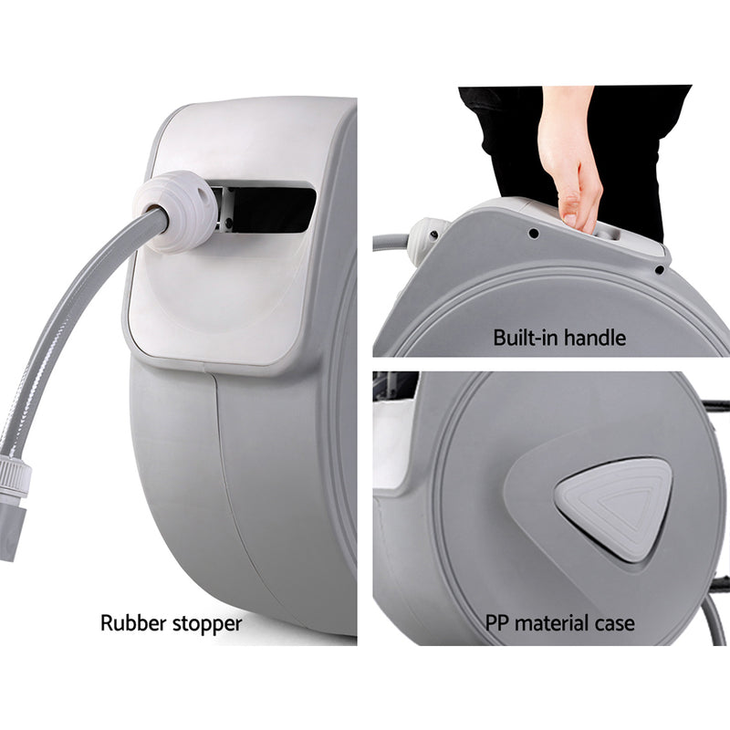 20M Retractable Garden Hose Reel Wall Bracket with Auto Rewind and Spray Gun