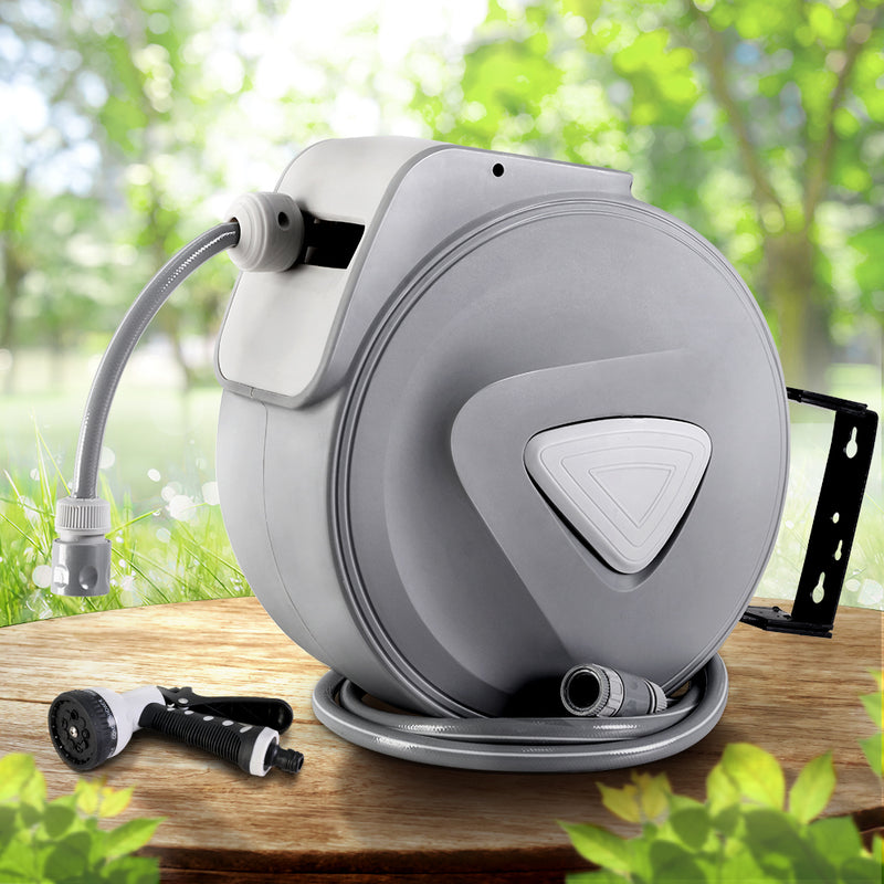 20M Retractable Garden Hose Reel Wall Bracket with Auto Rewind and Spray Gun