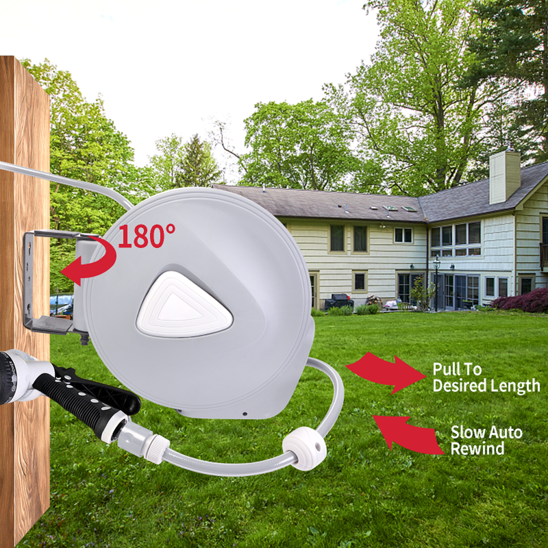 20M Retractable Garden Hose Reel Wall Bracket with Auto Rewind and Spray Gun