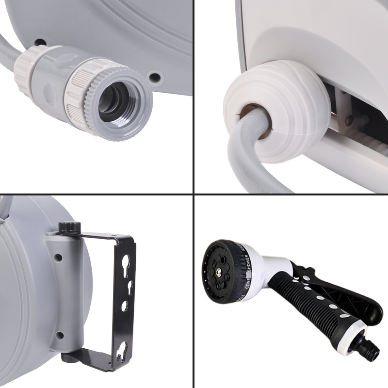 20M Retractable Garden Hose Reel Wall Bracket with Auto Rewind and Spray Gun