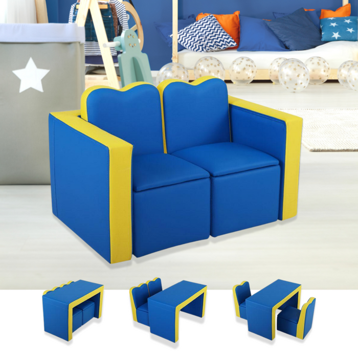 Kids PU Leather Convertible Sofa Armchair Couch and Table Chair Set with Storage Blue