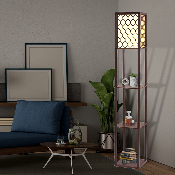 LED Storage Shelf Standing Wood Floor Lamp - Brown