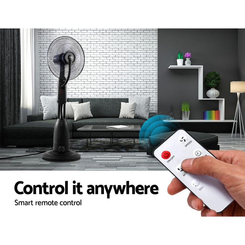 Bostin Life Devanti Mist Fan Pedestal Fans Cool Water Spray Timer Remote 5 Blades Black And Silver