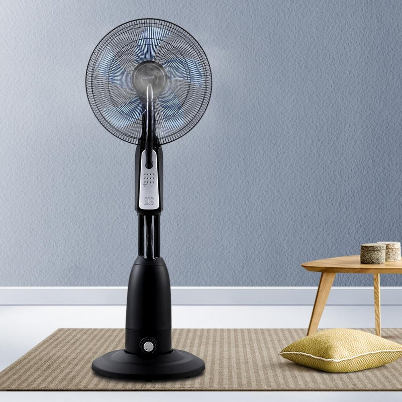 Bostin Life Devanti Mist Fan Pedestal Fans Cool Water Spray Timer Remote 5 Blades Black And Silver