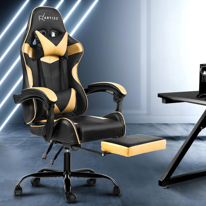 Bostin Life Pu Leather Racer Style Recliner Gaming Office Chair With Footrest - Black And Gold