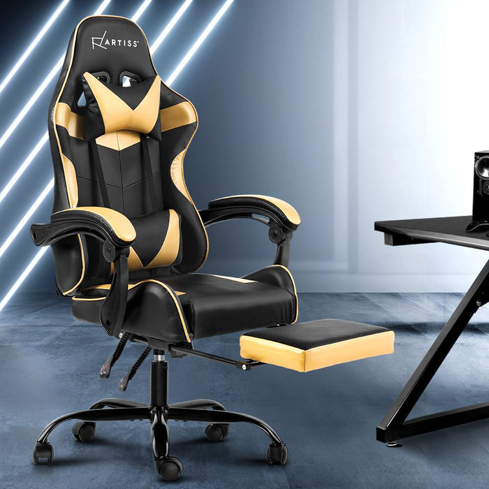 Bostin Life Pu Leather Racer Style Recliner Gaming Office Chair With Footrest - Black And Gold