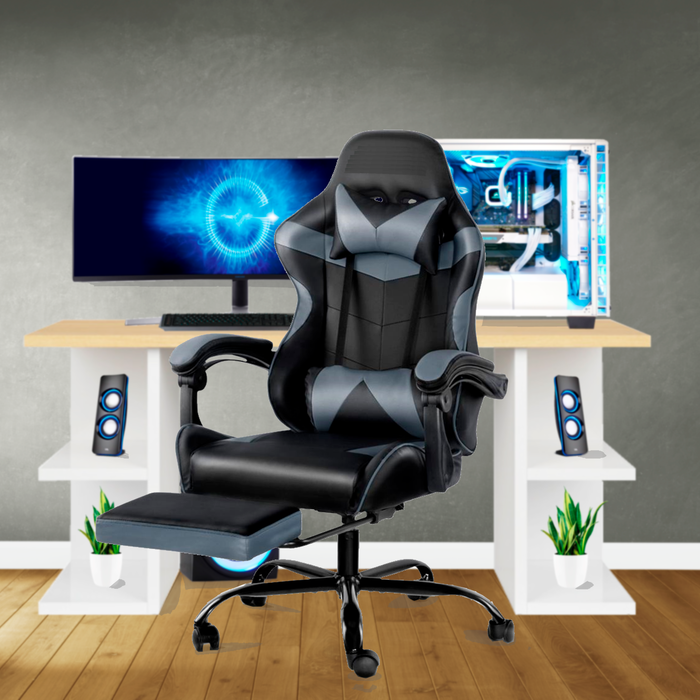 Bostin Life Racer Style Computer Gaming Office Chair With Footrest - Black And Grey Furniture >
