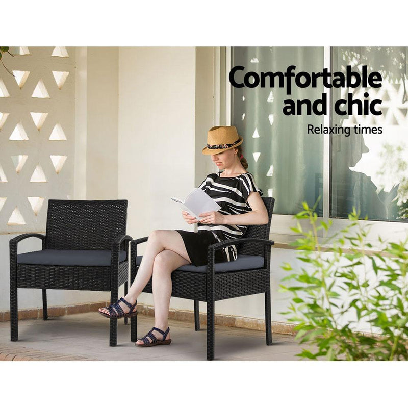 Bostin Life Outdoor Furniture Dining Chairs Wicker Garden Patio Cushion Black 3Pcs Sofa Set Tea