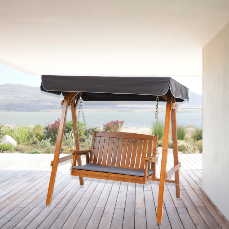 Wooden Outdoor Garden Swing Chair with Canopy 2 Seater Teak Colour