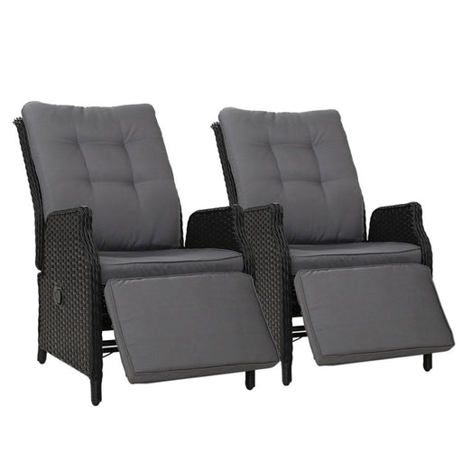 Bostin Life Recliner Chairs Sun Lounge Outdoor Furniture Setting Patio Wicker Sofa Black 2Pcs