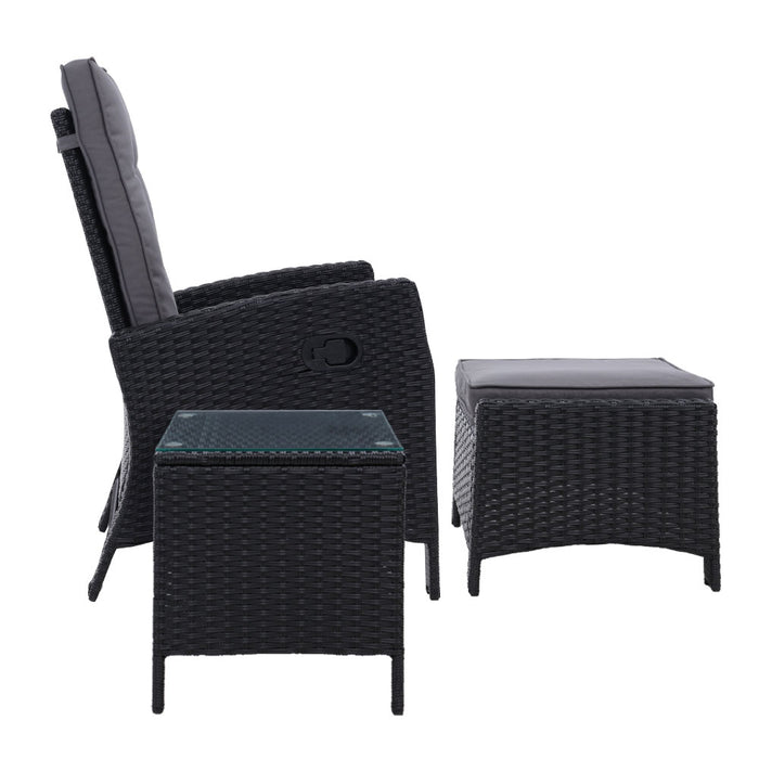 Outdoor Patio Wicker Recliner Chair Ottoman and Table Setting