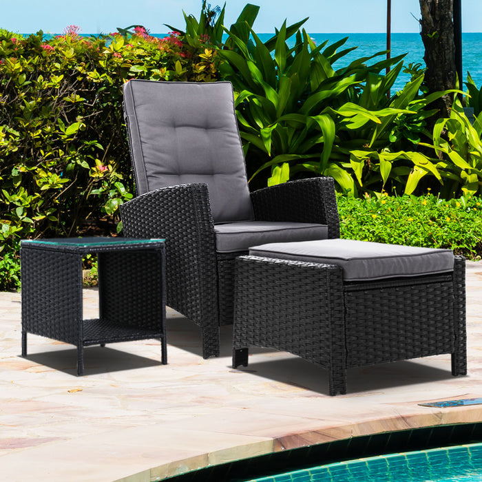 Outdoor Patio Wicker Recliner Chair Ottoman and Table Setting